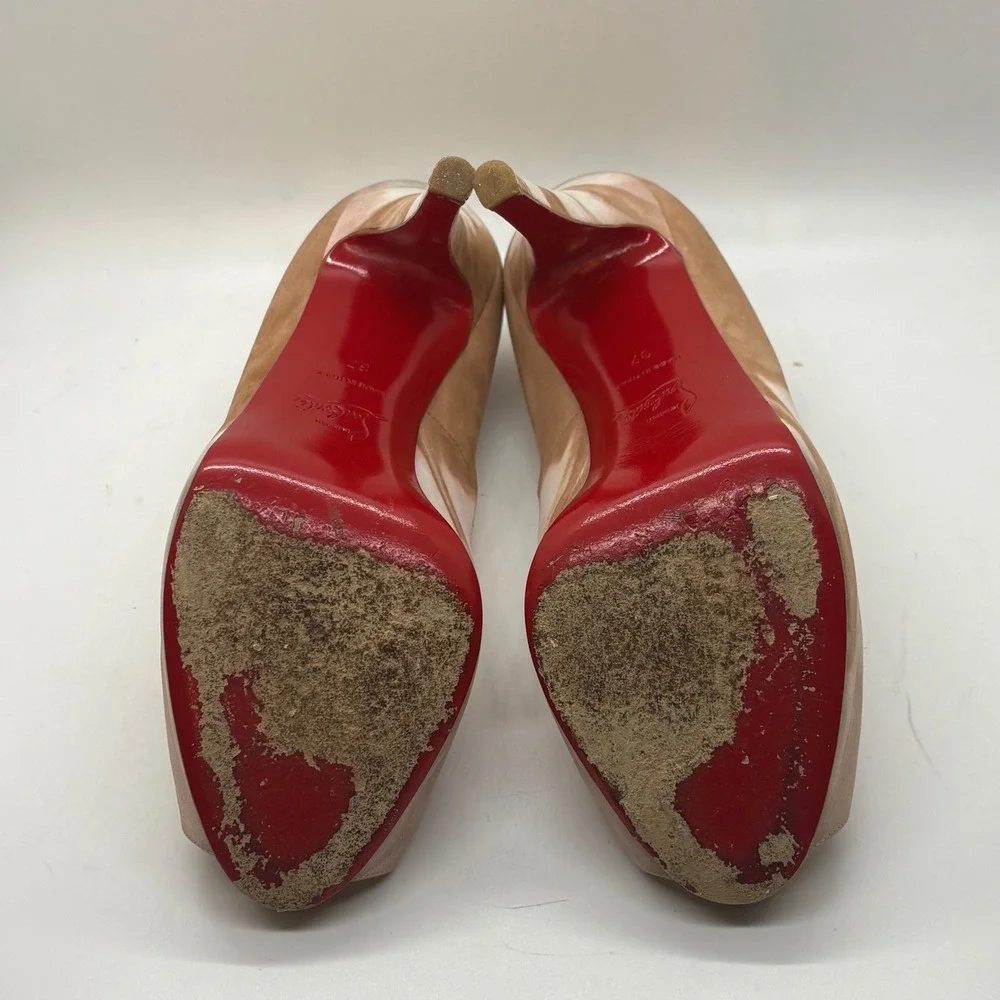 Christian Louboutin Marbled Tan Suede Peep Toe Platform Pumps Red Bottoms 37
